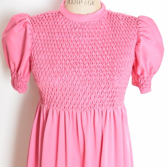 vintage 70s dress pink smocked puff sleeve babydoll kinderwhore lolita maxi S - Picture 3 of 6